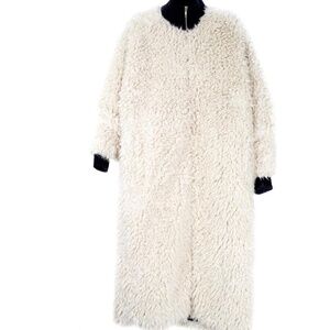 Women's Cream and Black Faux Fur Long Bomber Coat